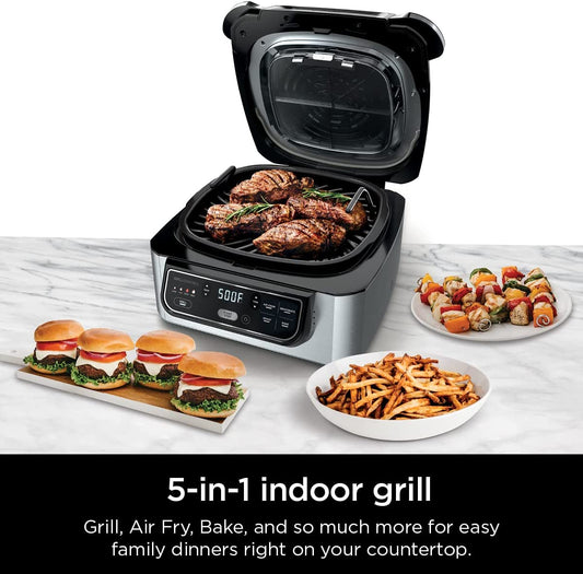 AG301 Foodi 5-In-1 Indoor Electric Grill with Air Fry, Roast, Bake & Dehydrate - Programmable, Black/Silver