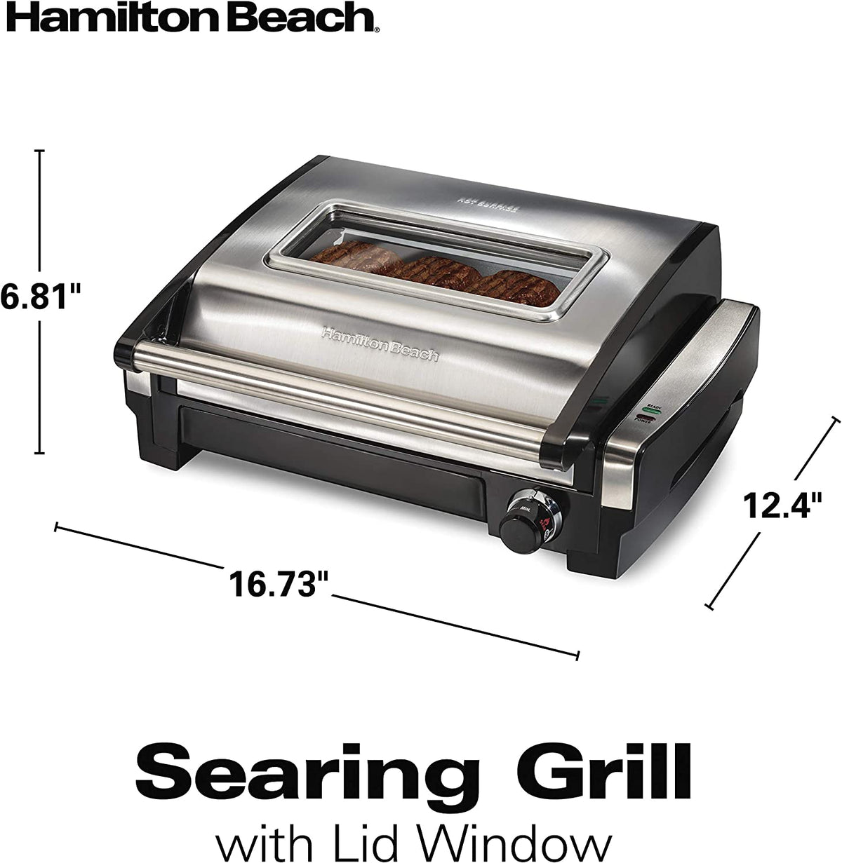 Electric Indoor Searing Grill with Viewing Window & Adjustable Temperature Control to 450F, 118 Sq. In. Surface Serves 6, Removable Nonstick Grate, Stainless Steel