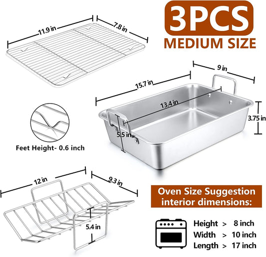 Roasting Pan with Rack Set of 3(Deep Broiling Pan & V-Shaped Rack & Flat Cooling Rack), Herogo 14 Inch Stainless Steel Turkey Roaster Pan for Thanksgiving Christmas, Dishwasher Safe