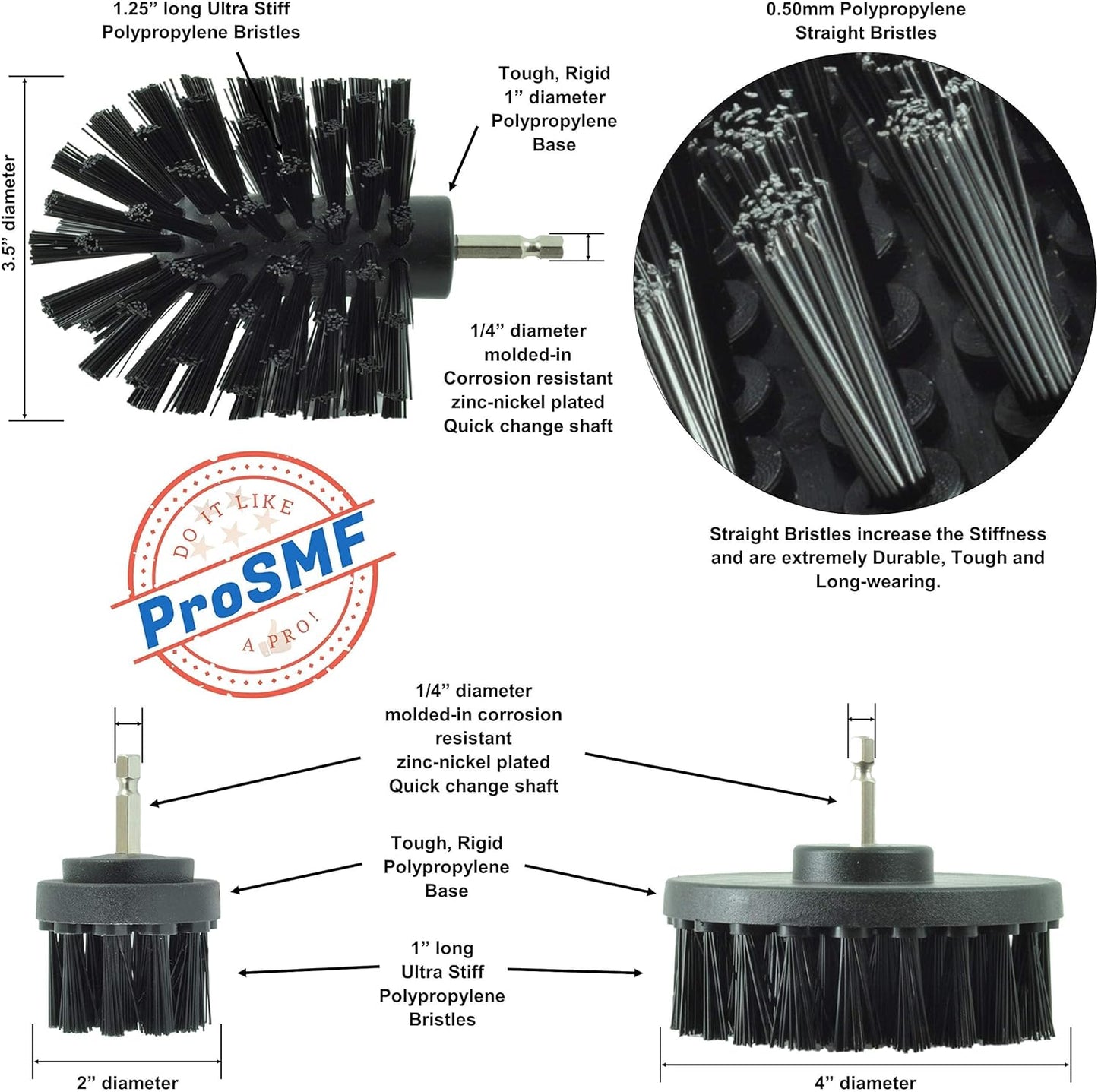 Drill Brush Attachment - Scrub Brush for Drill - Grill Brush Set - Power Scrubber Brush Kit - Heavy Duty - Smokers - Grills - Concrete - Brick - Household Cleaning - Black - Ultra Stiff