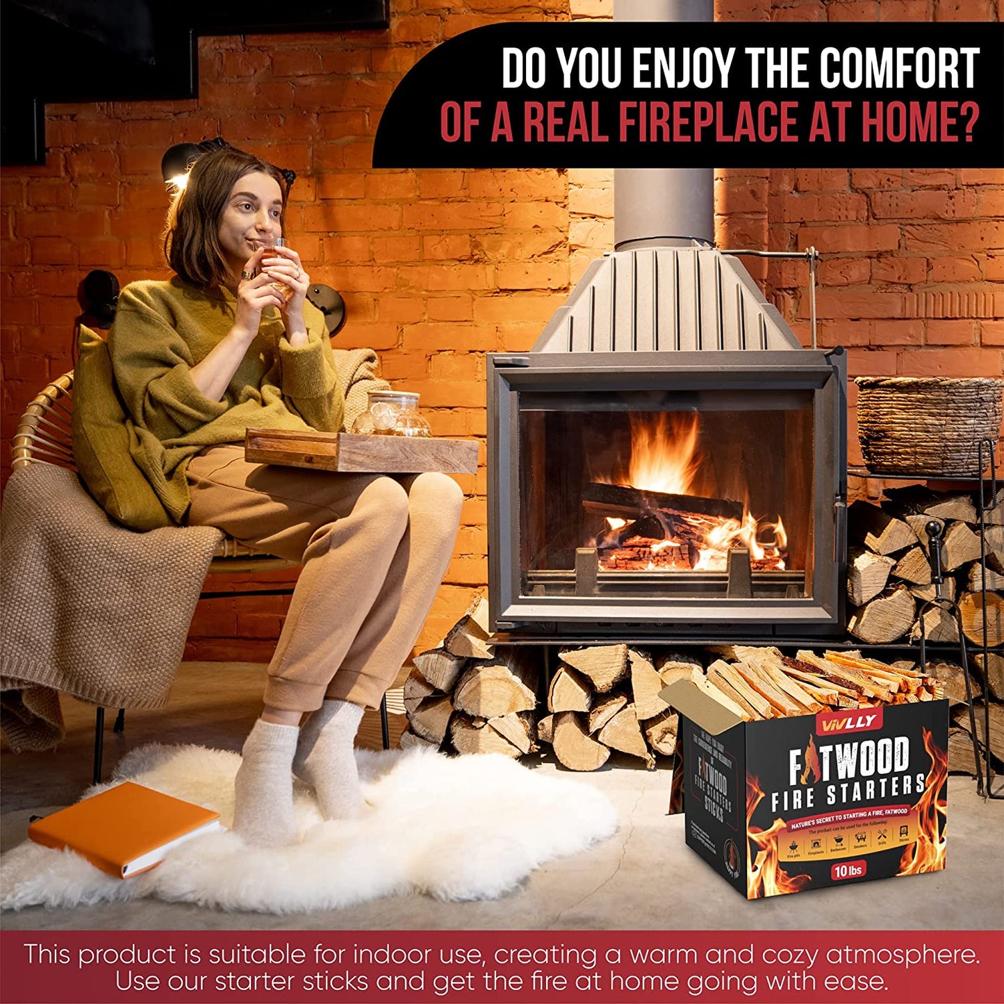 Vivlly 10Lb Fatwood Fire Starter Pack – Starter Wood for Fireplace – Small Wood Logs for Campfire Stove, Grilling & Cooking – Firewood Lighter Kindling Sticks – Firepit Burning & Camping Accessories