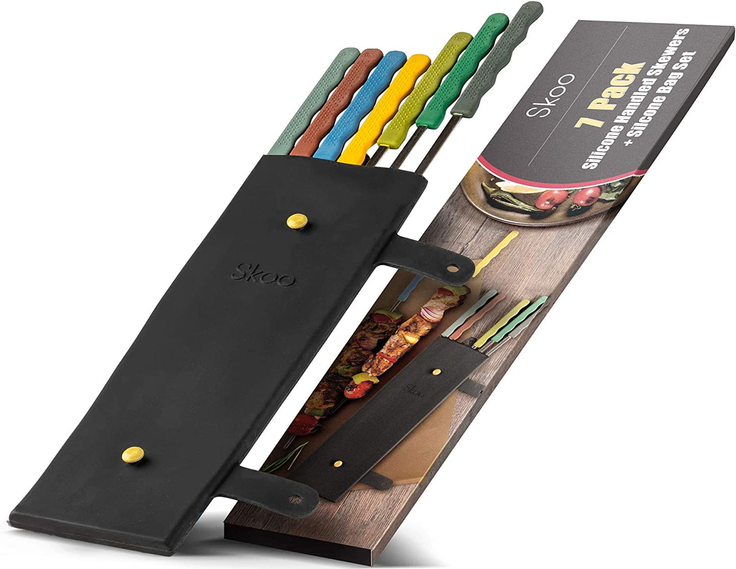 Skoo Barbecue Skewers Set - 7 Silicone Handled Stainless Steel BBQ Skewers + Silicone Storage Bag - 14" Flat Metal Shish Kebab Skewers for Grilling - Reusable Grill Kabob Skewer Sticks + Rollable Bag