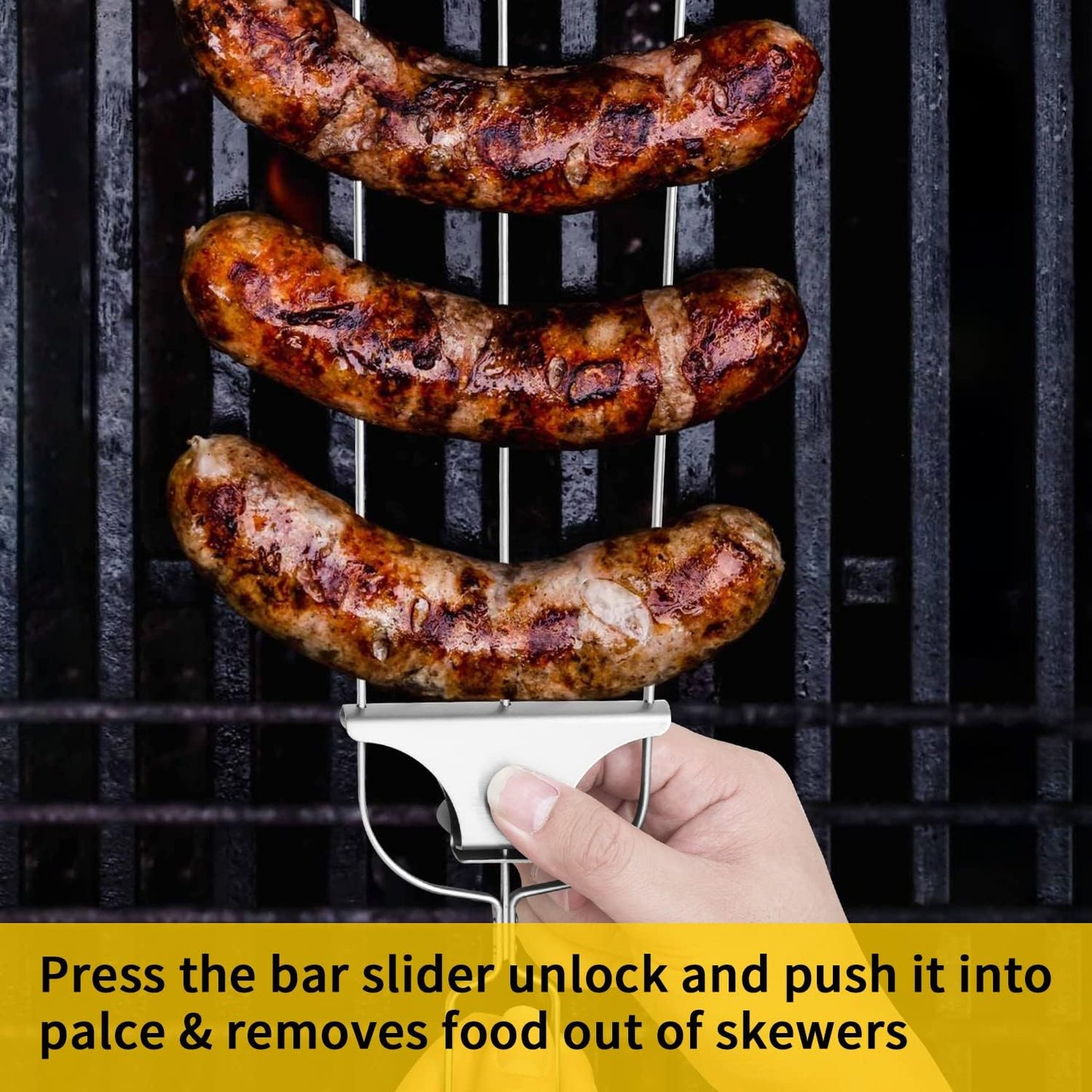 Chuanke 3-Prong Stainless Steel Skewers for BBQ Grilling with Push Bar Slider Easy Food Removal (1)