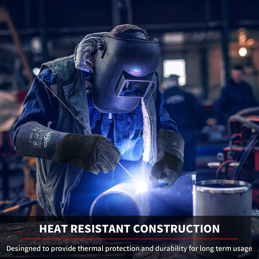 Welding Gloves Grey 16 Inches,932℉,Heat Resistant Leather Forge/Mig/Stick Heat/Fire Resistant, Mitts for Oven/Grill/Fireplace/Furnace/Stove/Pot Holder/Bbq/Animal Handling