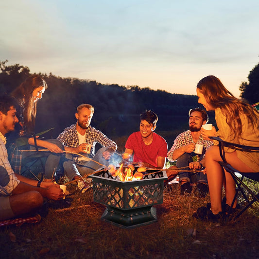 F2C Hex-Shaped Fire Pit with Fire Picker for Garden 24 Inch Wood Burning Bonfire Firebowl Outdoor Portable Steel Firepit with Flame-Retardant Mesh Lid for Patio Backyard Garden Beach Camping Picnic