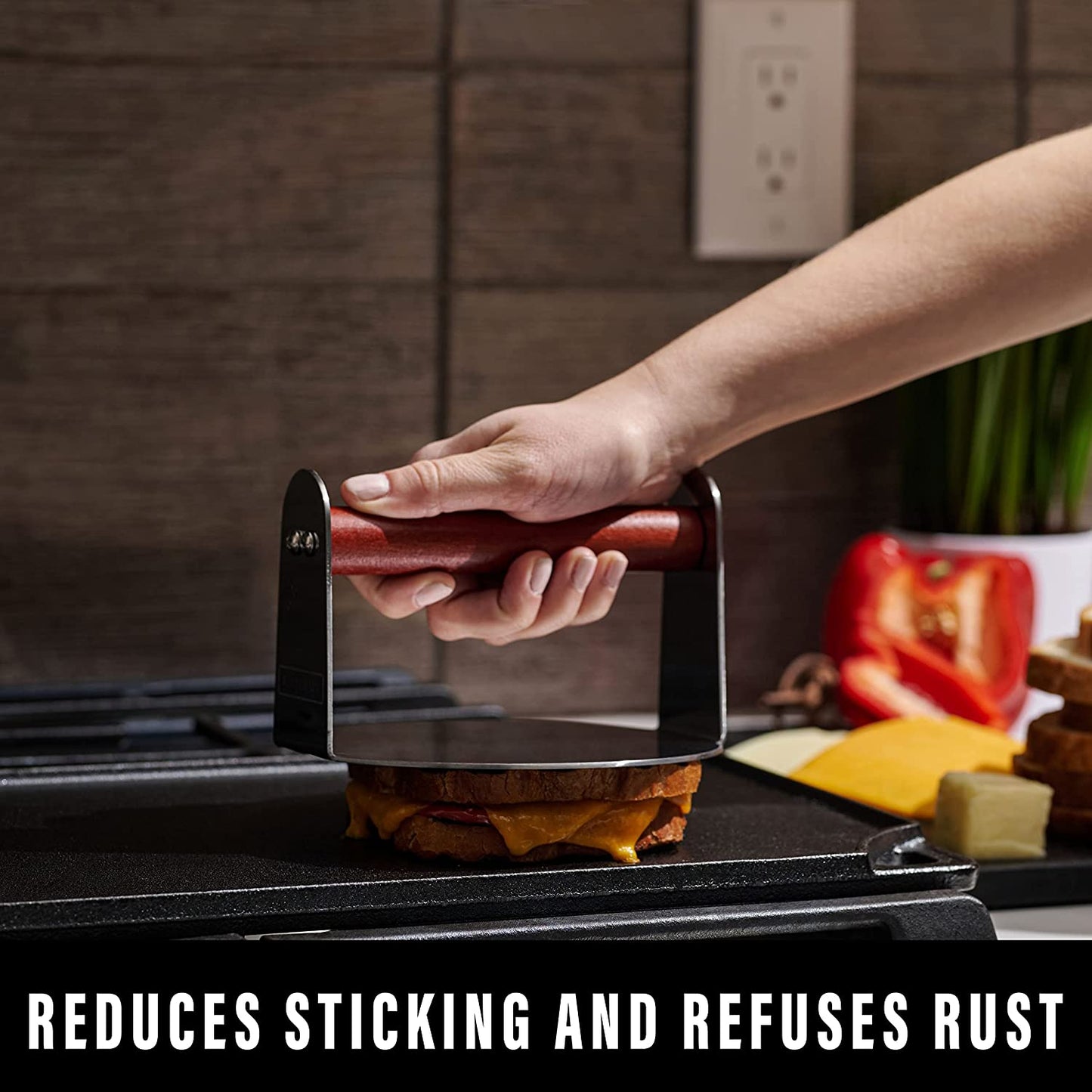 Bellemain Burger Smasher for Griddle | Stainless Steel 6" round Smash Burger Press | Hamburger Press for Grill, Cooking, Meat Press with Wooden Handle, Grill Accessories Kit