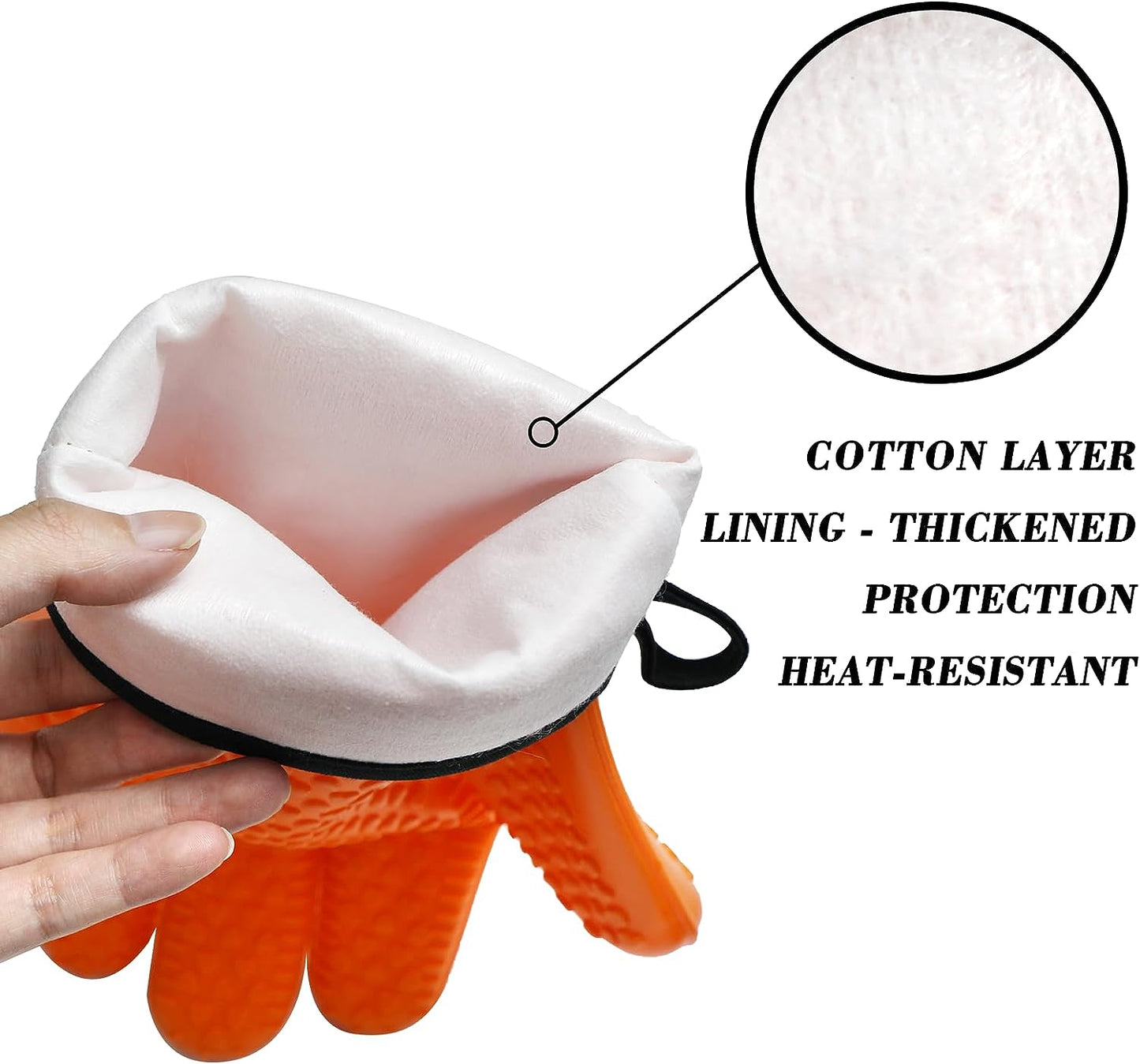 Silicone Gloves Oven Mitts Heat Resistant BBQ Smoker Grill Gloves Handle Hot Food Pulled Pork Gloves for Cooking Baking Grilling Barbecue Potholder Five Finger Gloves with Inner Cotton Layer - Orange