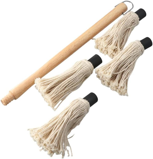 Wooden Long Handle BBQ Basting Mop with 4 Extra Replacement Heads, Barbecue Supplies Grill Basting Mop for BBQ Grilling Smoking Steak