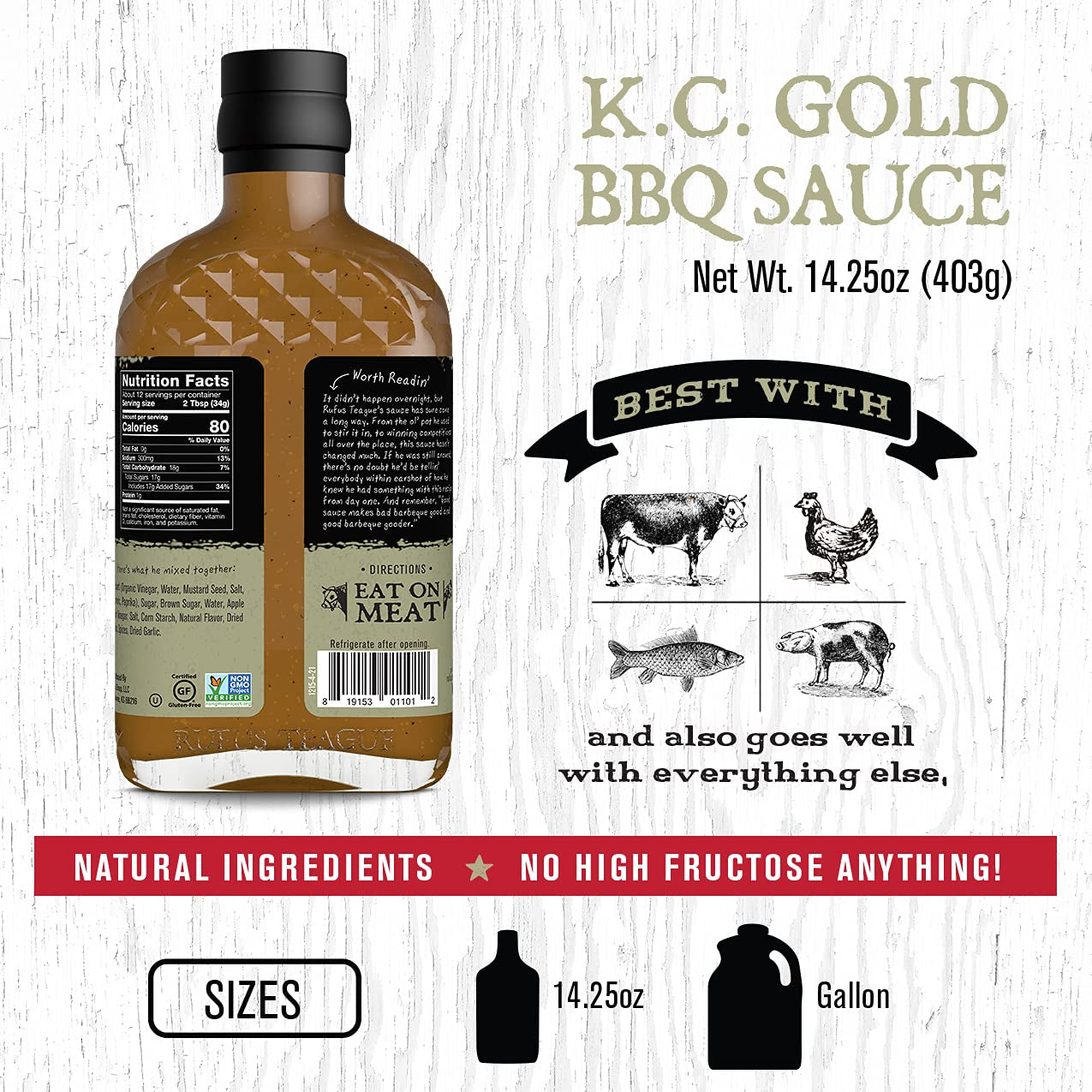 Rufus Teague - KC Gold BBQ Sauce - Premium Mustard Barbecue Sauce - 14.25 Oz Bottles - 2 Pack