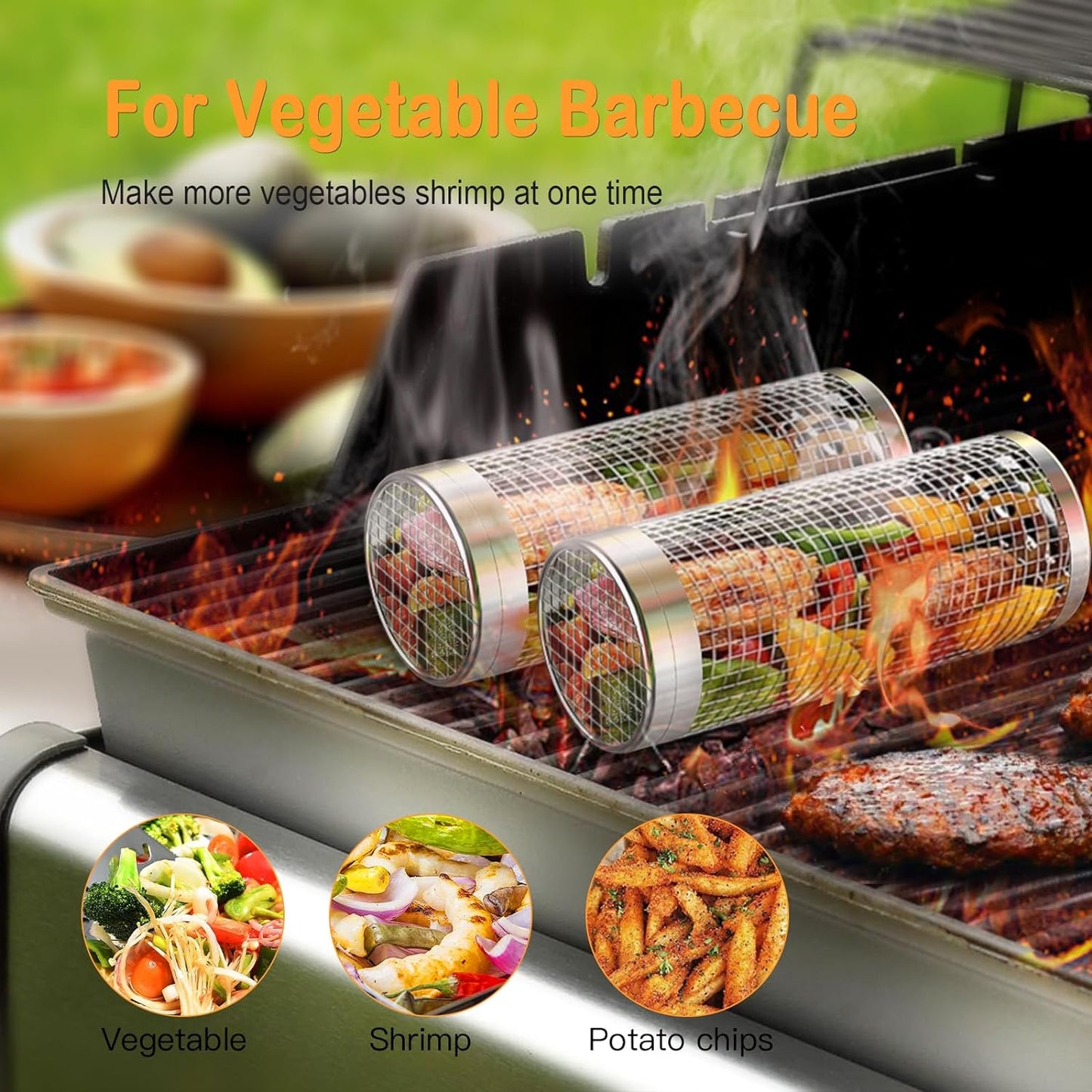 Rolling Grill Baskets, Heavy-Duty 304 Stainless Steel Material, round BBQ Grilling Baskets for Veggies, Fish, BBQ Net Tube Barbeque Vegetable Grill Accessories, Cage Cylinder 2 PACK (Two Large)