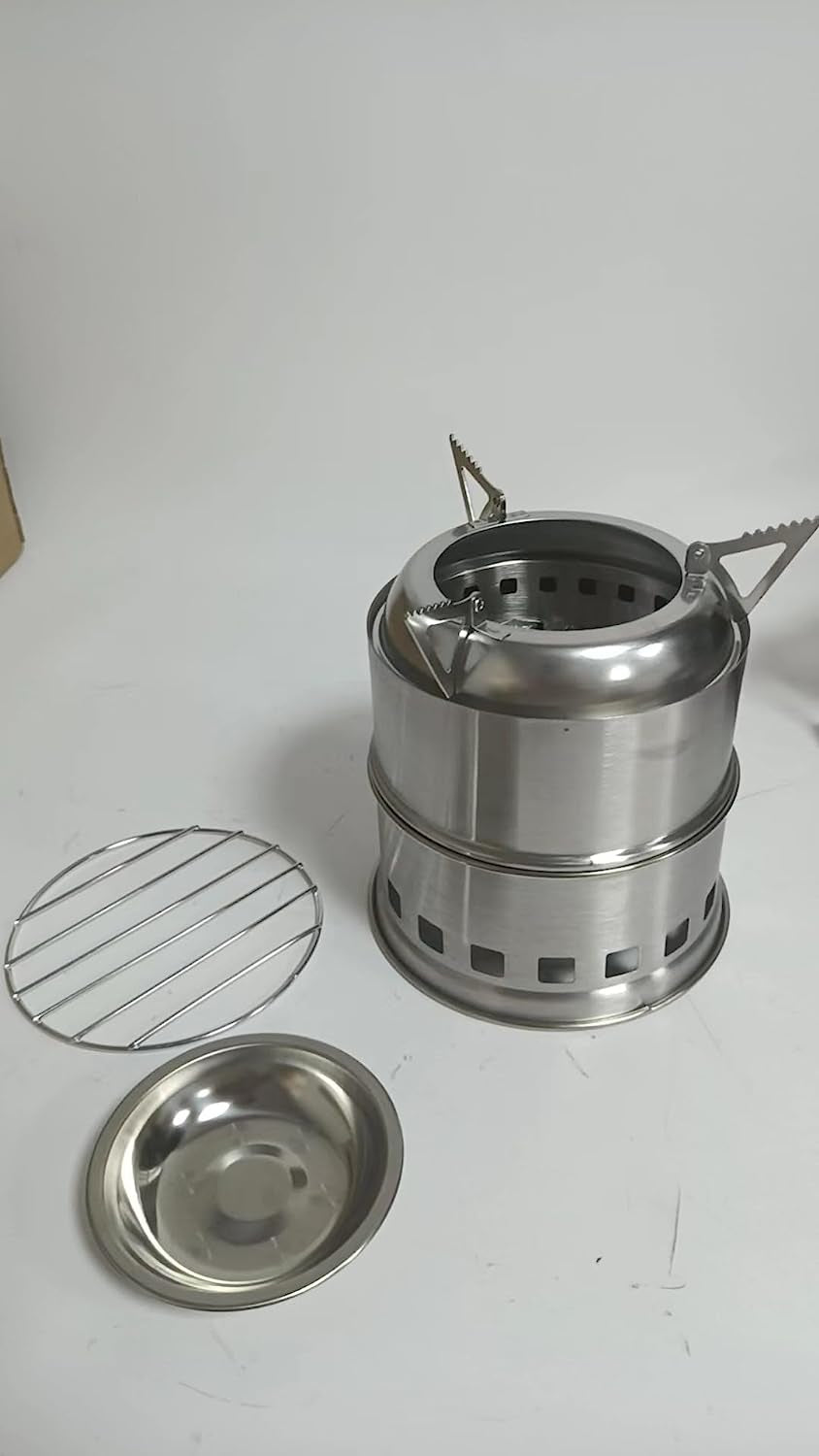 Camping Stove, Ohuhu Mini Wood Stove Stainless Steel Portable Stove, Backpacking Survival Stove Wood Burning Stove for Picnic BBQ Camp Hiking with Grill Grid and Carry Bag