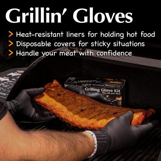 Grilling Glove Kit – 100 Black Nitrile Gloves – 4 Thick Cotton Liners – Disposable BBQ Gloves with Washable Heat-Resistant Liners – Replaceable Cover Oven Mitt for Barbecue and Smoking Meat