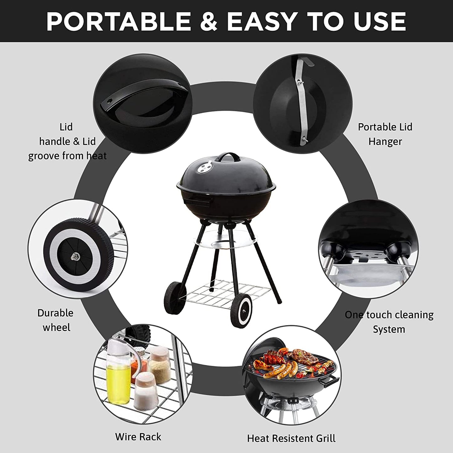 18 Inch Portable Charcoal Grill with Wheels for Outdoor Cooking Barbecue Camping BBQ Coal Kettle Grill - Heavy Duty round with Thickened Grilling Bowl Wheels for Small Patio Backyard