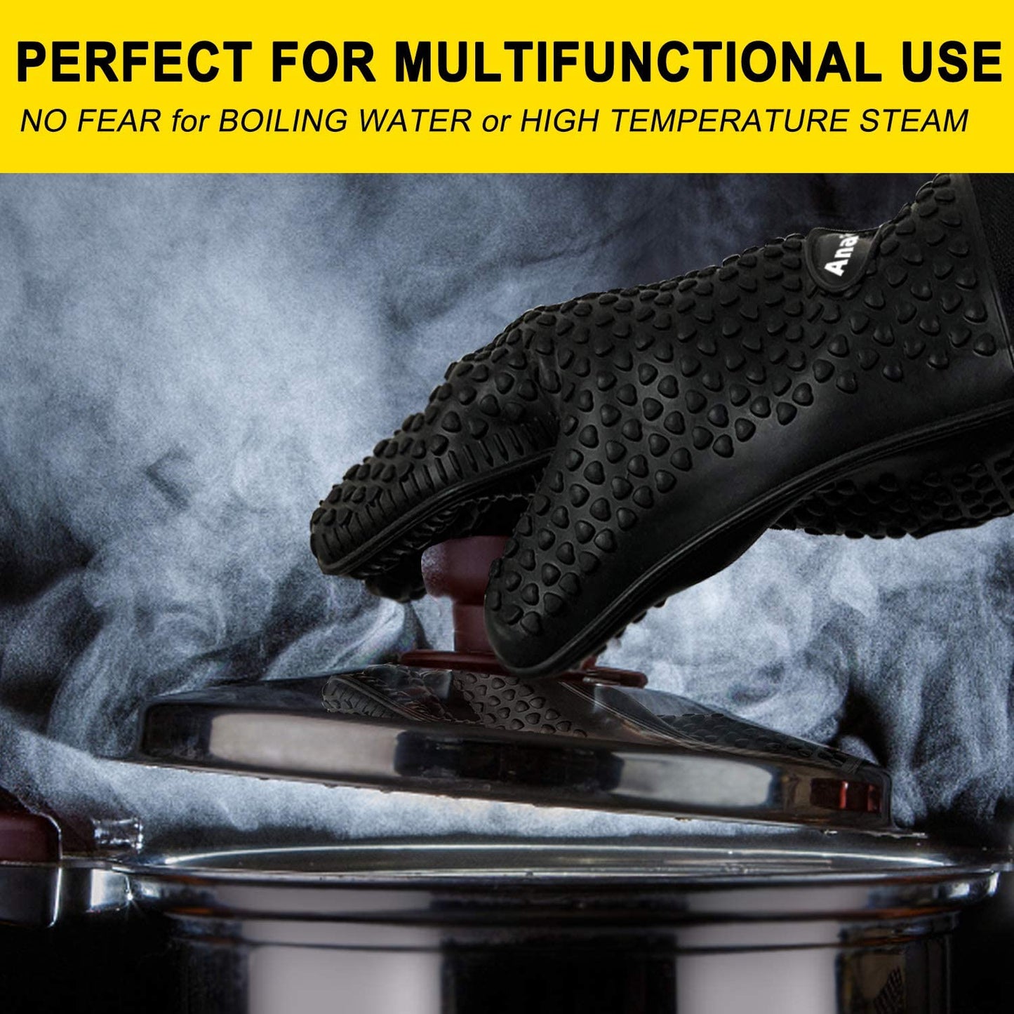 Anaeat BBQ Grilling Gloves Heat Resistant, Versatile Waterproof Cooking Gloves - 100% Cotton Lining Silicone Oven Mitts, Flexible Potholder for Barbecue, Baking - Thick Long Wrist Protection (Black)