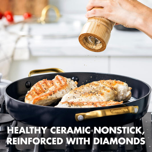 Reserve Hard Anodized Healthy Ceramic Nonstick, 11" Grill Pan with Lid, Gold Handle, Pfas-Free, Dishwasher Safe, Black