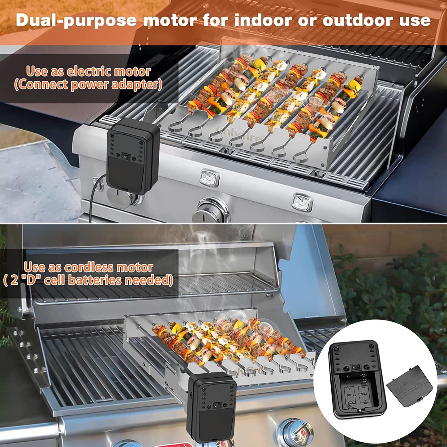 Only Fire Stainless Steel Electric Skewer Turner, Rotated Grilling Rack Shish Kabob Set with 7 Skewers and Dual-Purpose Rotisserie Motor