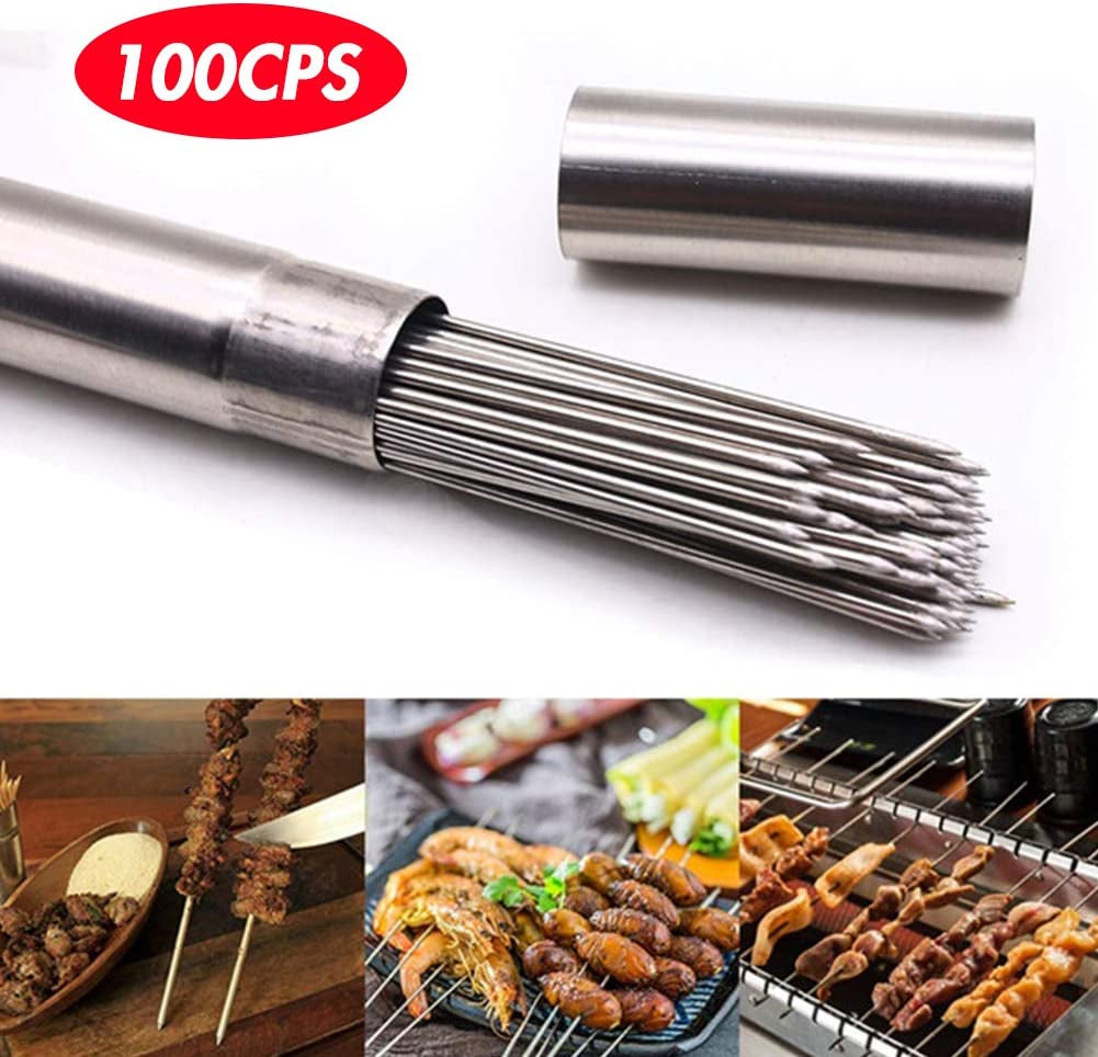 Bigotters Barbecue Skewers, 100PCS Skewers for Grilling Stainless Steel Skewers BBQ Needle Sticks Metal Skewers for Meat Shrimp Chicken Vegetable Outdoor Cooking