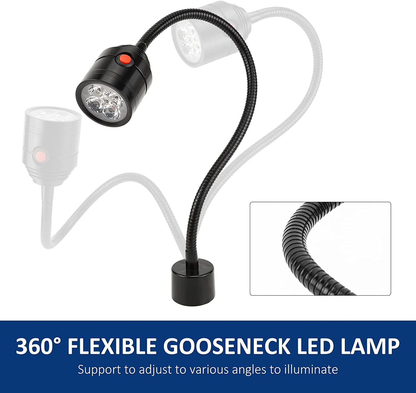 Magnetic Work Light, LED Machine Light with Flexible Gooseneck and Magnetic Base, Shop Tool Lamp for Lathe, Work Bench, Sewing Machine, Grill, Industrial Lighting Black