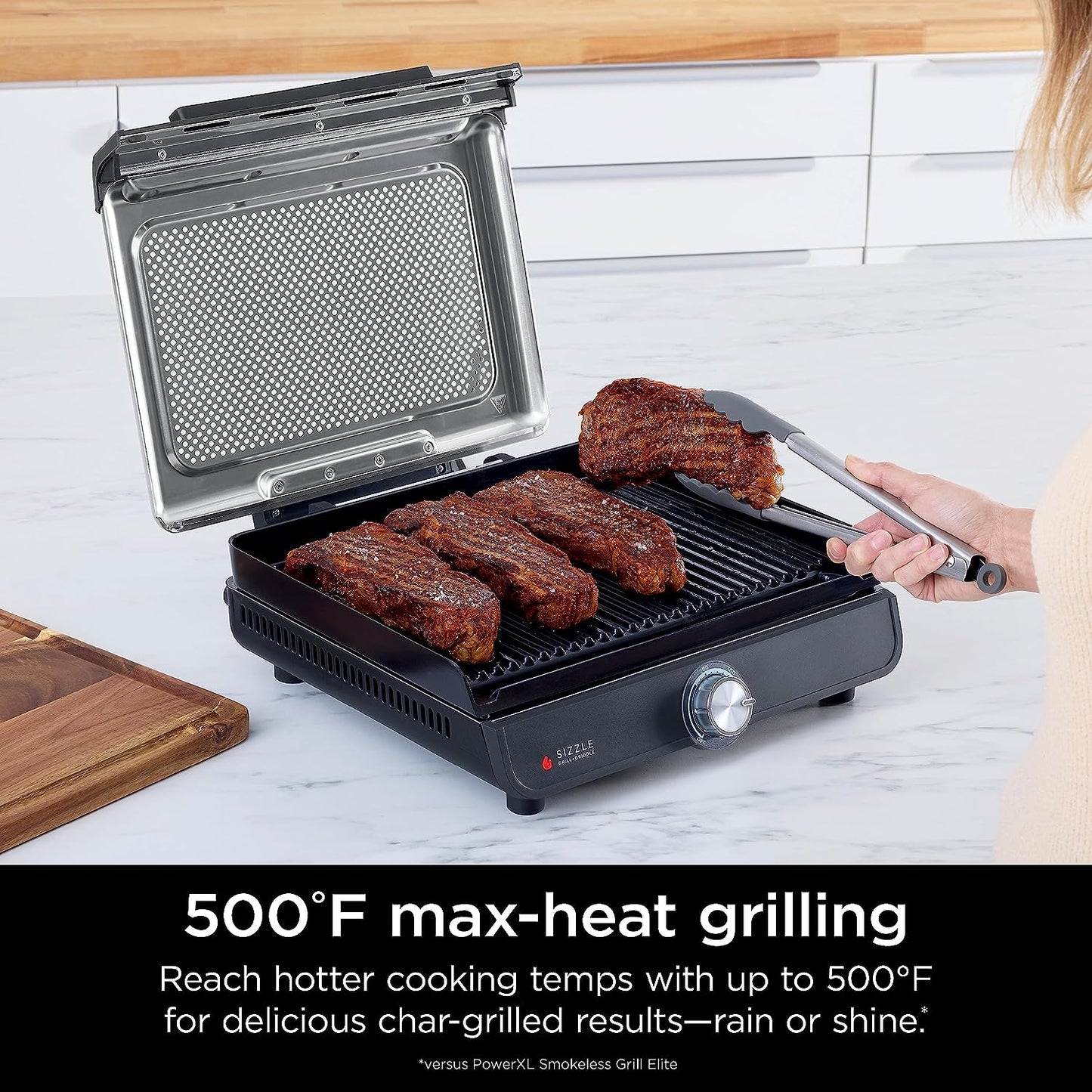 GR101 Sizzle Smokeless Indoor Grill & Griddle, 14'' Interchangeable Nonstick Grill and Griddle Plates, Dishwasher-Safe Removable Mesh Lid, 500F Max Heat, Even Edge-To-Edge Cooking, Grey/Silver