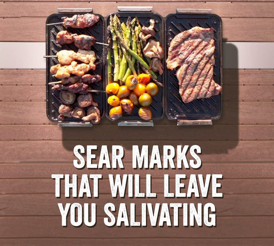 ™ SEAR 'N SERVE Cast Iron Grill Pan Set Includes 3 Cast Iron Grilling Baskets & Clip-On Handle - Cast Iron Grill Pans for Stove Tops or Outdoor Grills