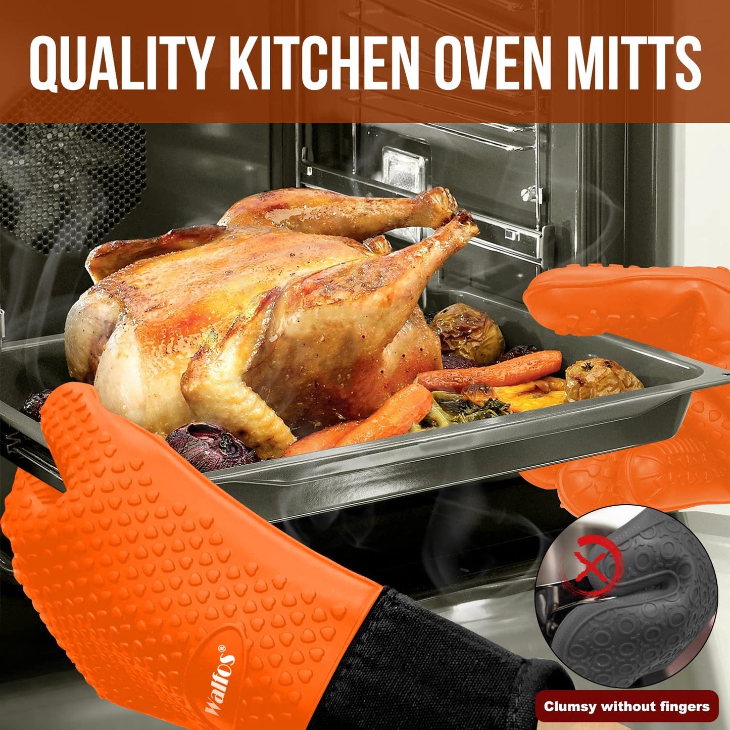 Grilling Gloves - Heat Resistant Silicone Oven Mitt, Premium Non-Slip Silicone Internal Protective Cotton Layer, Waterproof, Great for Grilling, Kitchen and Cooking (Orange)