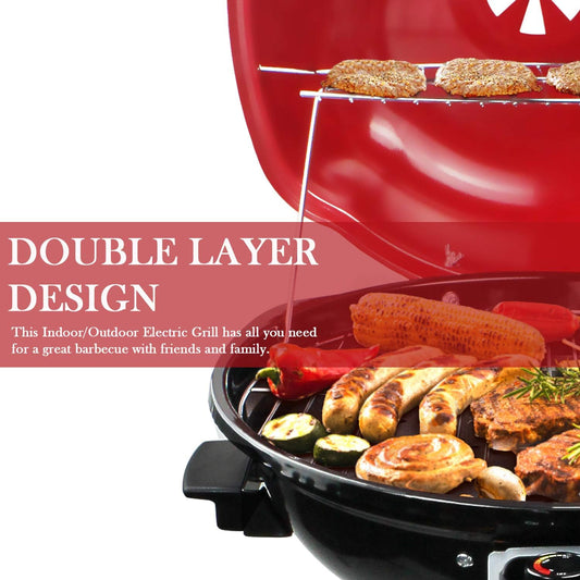 Electric BBQ Grill 15-Serving Indoor/Outdoor Electric Grill for Indoor & Outdoor Use, Double Layer Design, Portable Removable Stand Grill, 1600W (Stand Red BBQ Grills)