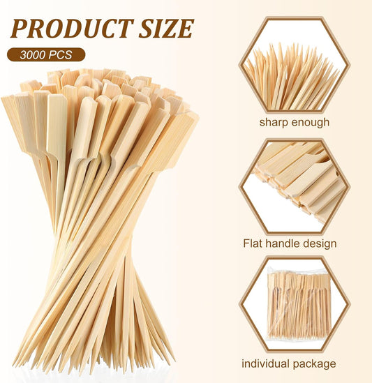 3000 Pcs Bamboo Skewers for Appetizers Toothpicks Wide Wooden Skewers Paddle for Kabobs Cocktail Picks Fruit Kababs Bbq Barbecue Sausage Grilling(6 Inches)