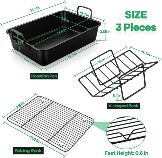 14 Inch Roasting Pan with Rack Set, P&P CHEF Turkey Roaster Pan & V-Shape Baking Rack & Cooling Rack for Chicken Vegetable Lasagna Cookie, Nonstick Coating & Stainless Steel Core, Sturdy & Healthy