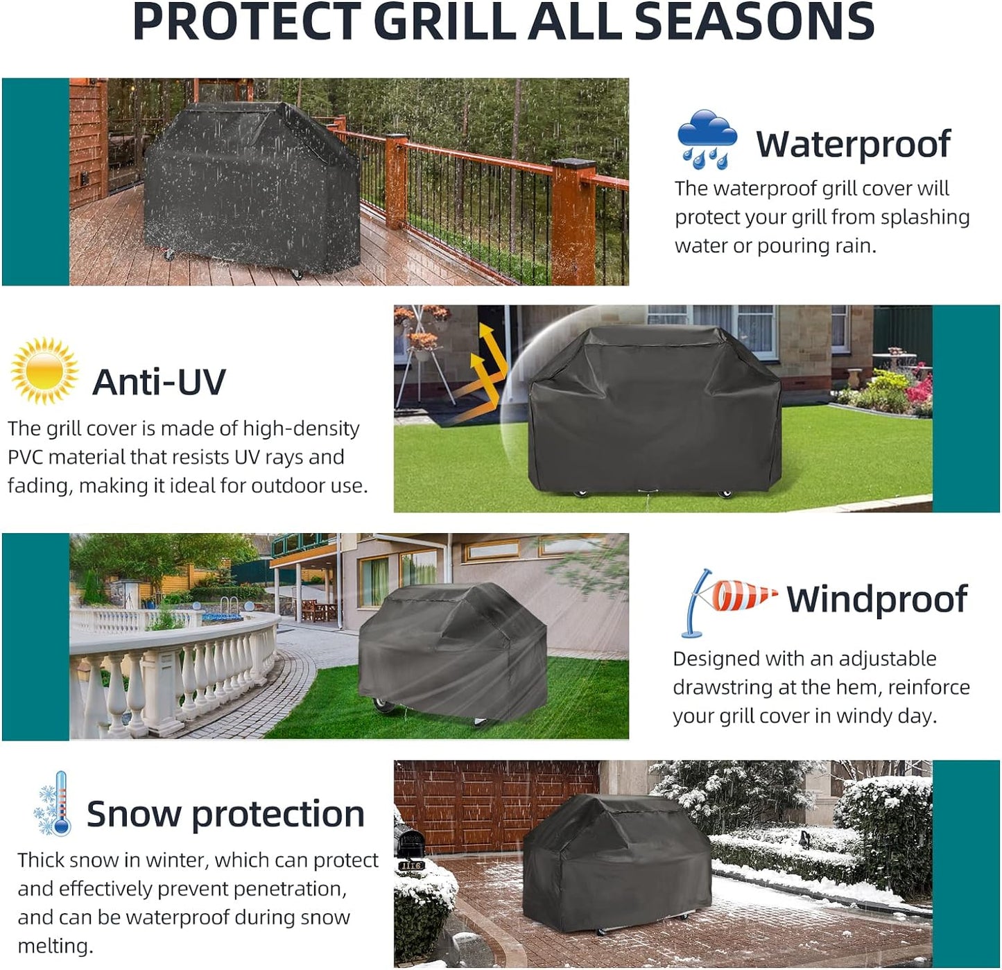 Waterproof BBQ Grill Cover 72-Inch, Heavy Duty Outdoor Gas Grill Covers, with Drawstring Barbecue Covers for Weber Char-Broil Brinkmann Nexgrill and More, All Weather Barbecue Grills Protector