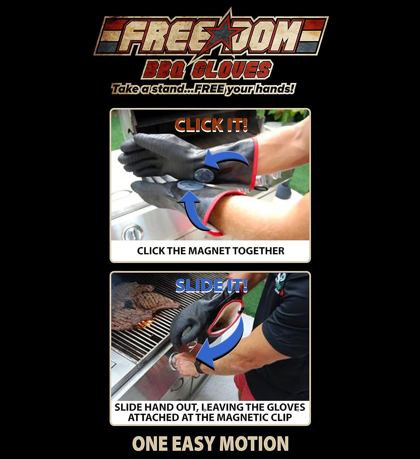 Freedom BBQ Glove, Heat Resistant 932℉, Easy on & off Glove for Grill/Smoker/Cooking/Pit/Barbecue/Oven/Fryer, Textured Palm No Slip Grip, Waterproof & Oil Resistant (Black Traditional Fit)