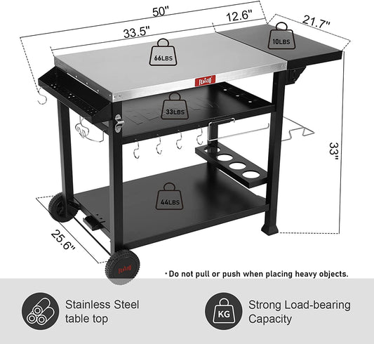 3-Shelf Movable Food Prep Table, Pizza Oven Table, BBQ Grilling Table,Grill Cart with Side Table, Home & Outdoor Stainless Steel Table Top Grill Tables on 2 Wheels, L50 Xw21.7 Xh33
