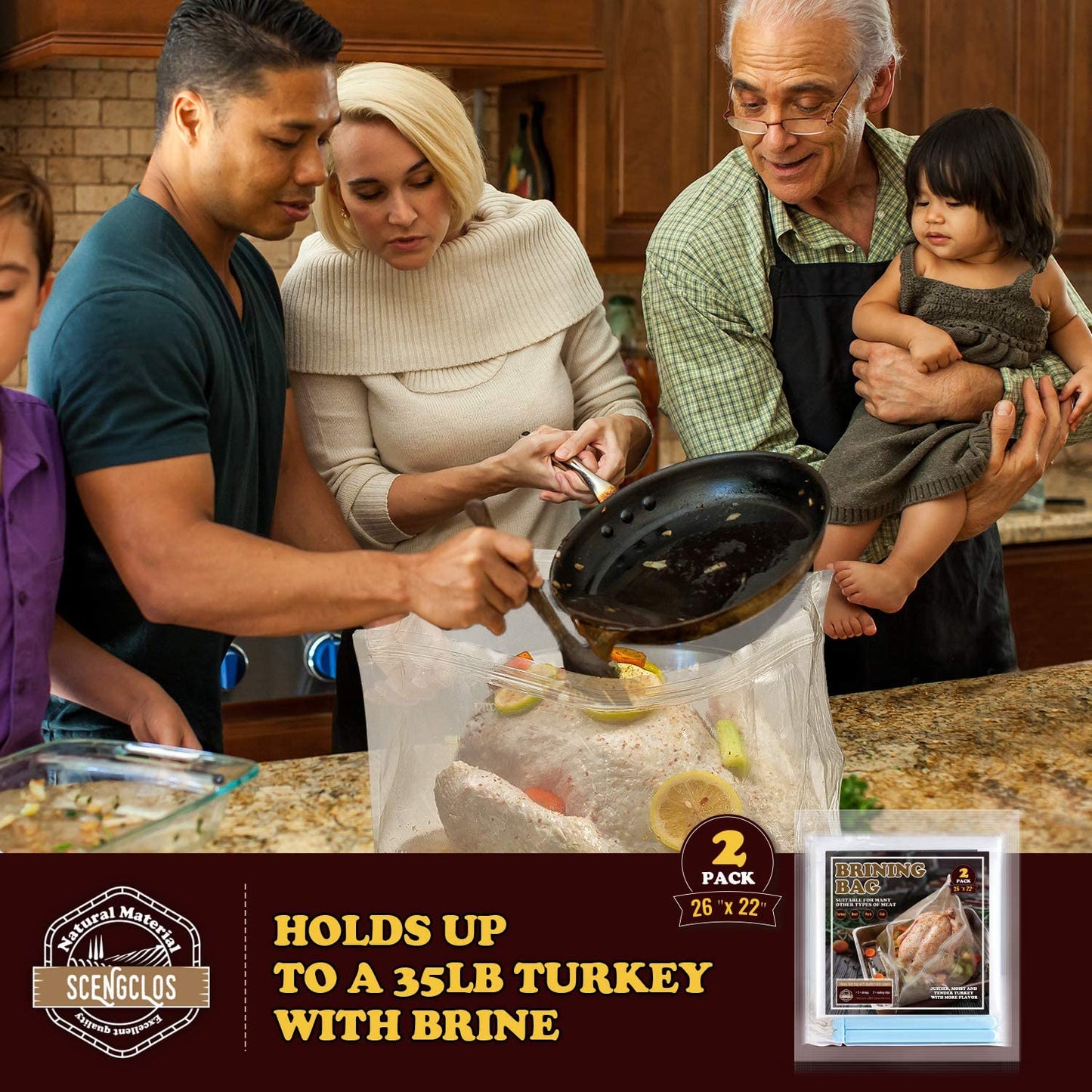 Turkey Brining Bag, 26"×22", 2 Pack, Extra Large Brine Bag with 2 Strings and 2 Larger Clips, Thickened Brining Bag Holds up to 35 Pounds, Double Zippers Seal Brine Bags for Turkey, Chicken, Beef,Pork