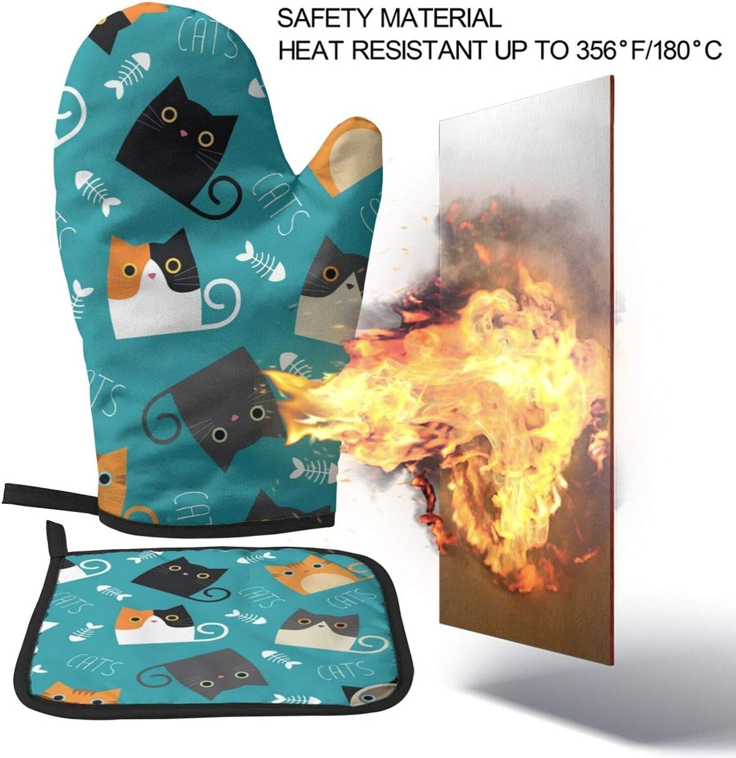 Cats Fishbone Oven Mitts and Pot Holders Set, Heat Resistant Kitchen Gloves with Inner Cotton Layer for Cooking Baking Grilling