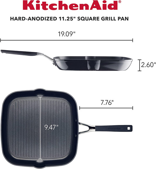 Hard Anodized Nonstick Square Grill Pan/Griddle with Pour Spouts, 11.25 Inch, Onyx Black