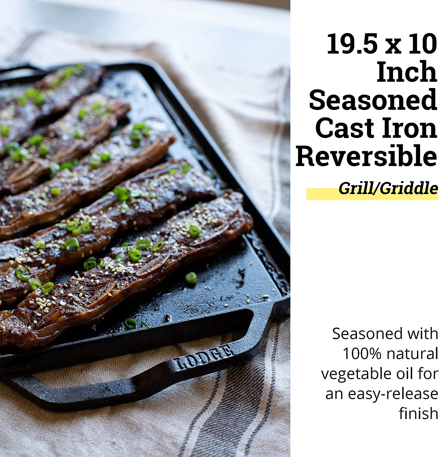 Chef Collection Cast Iron Reversible Grill/Griddle - Cast Iron Flat Griddle & Grill for Stovetop, Oven, Grill, or Open Fire - Double Burner Cast Iron Skillet with Handles