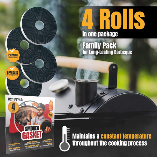 Smoker Chef XXL 40 FT Grill Gasket for Smokers - Black 1/2’’ X 1/8’’ Hi Temp Seal Smoker Gasket – 4-Pack X 10 FT Self Stick Black Nomex Fire Tape BBQ Lid – Bbq Grill Smoker Accessories Gifts for Men