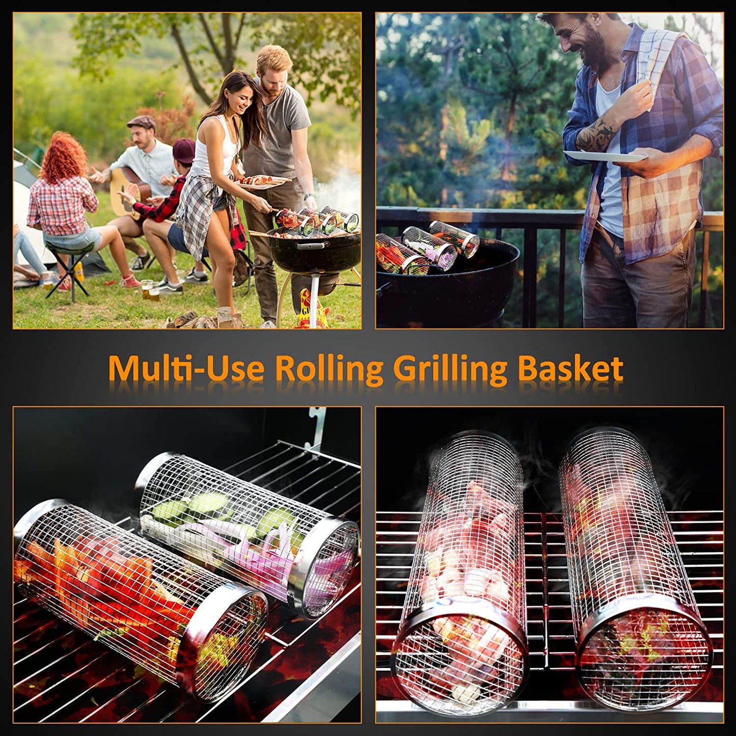 Grill Basket 2 PCS, BBQ Grill Basket, Rolling Grilling Basket, Stainless Steel Grill Mesh Barbeque Grill Accessories, Portable Grill Baskets for Outdoor Grill for Fish, Shrimp, Meat, Vegetables, Fries