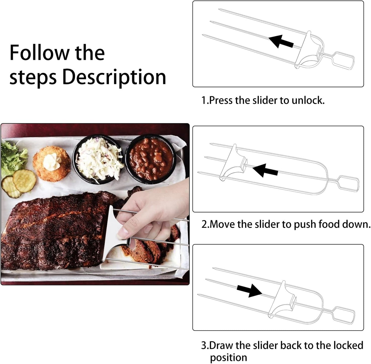 Chuanke 3-Prong Stainless Steel Skewers for BBQ Grilling with Push Bar Slider Easy Food Removal (1)