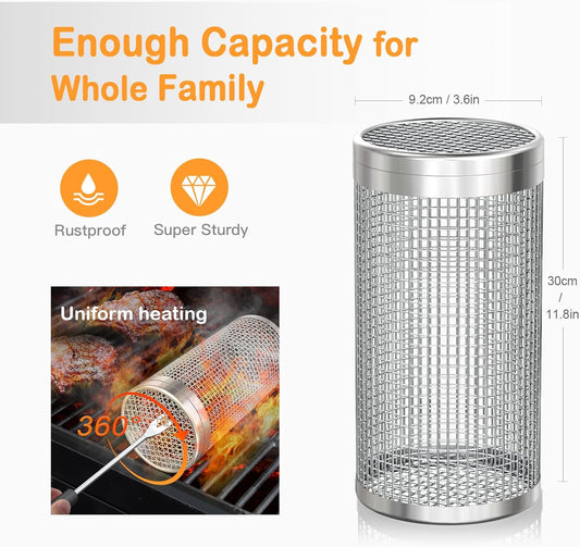 Rolling Grill Baskets, Heavy-Duty 304 Stainless Steel Material, round BBQ Grilling Baskets for Veggies, Fish, BBQ Net Tube Barbeque Vegetable Grill Accessories, Cage Cylinder 2 PACK (Two Large)