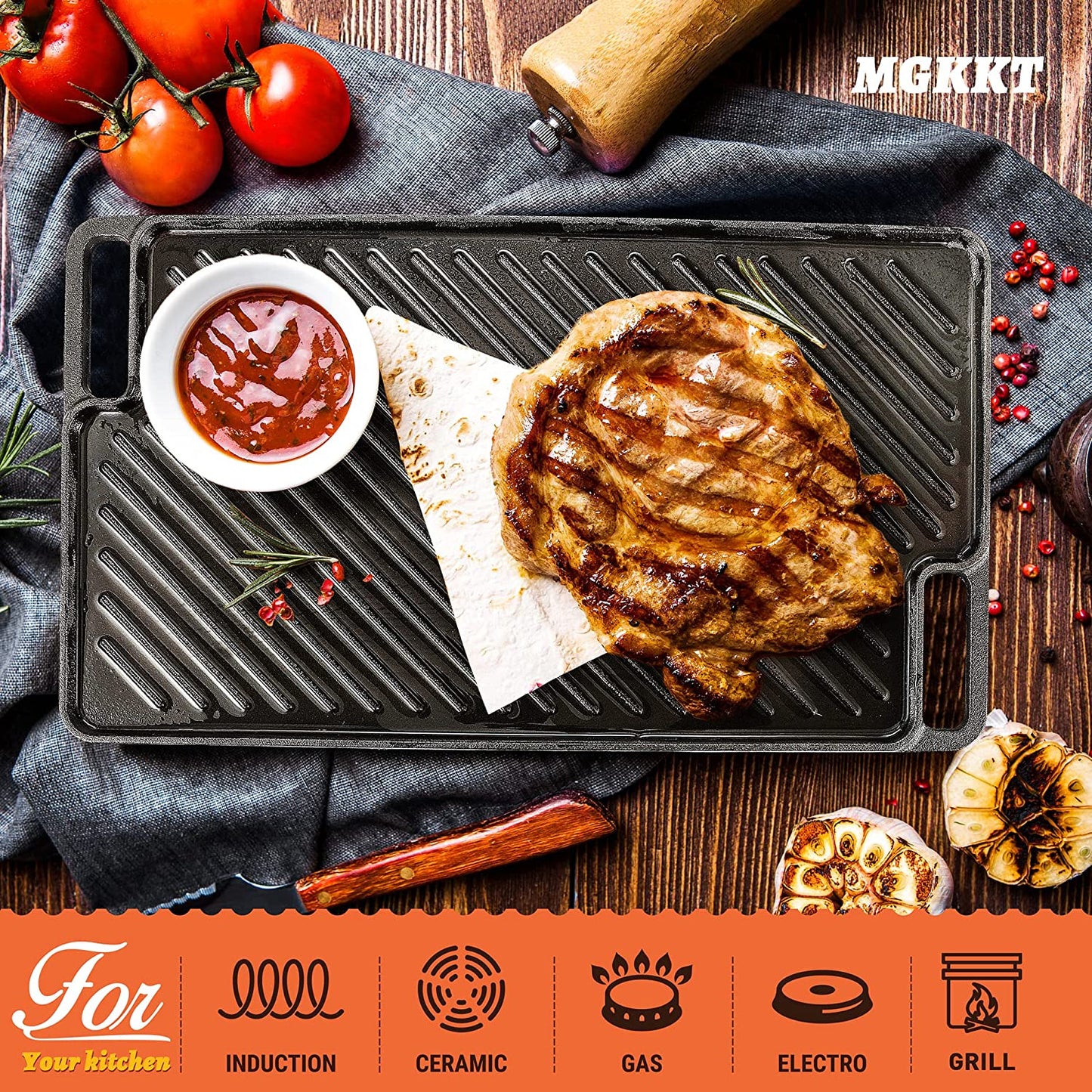 1-Piece 16.50 Inch Cast Iron Griddle Plate | Reversible Pre-Seasoned Cast Iron Grill Pan for Gas Stovetop | Double Sided Used on Open Fire & in Oven | Pre-Coated with Oil