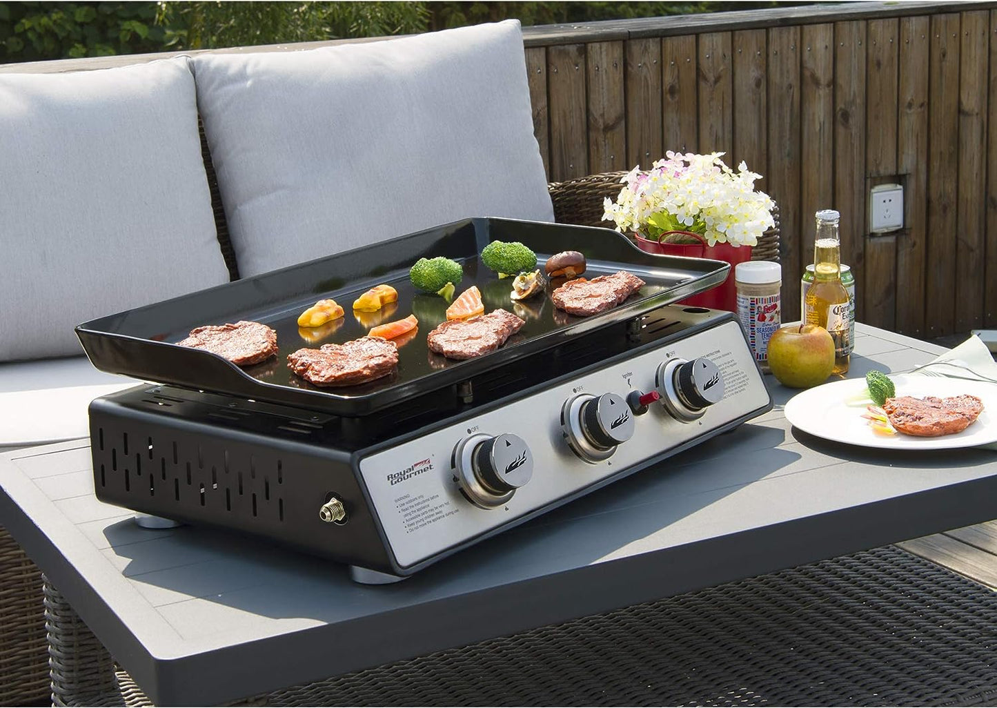 PD1301S Portable 24-Inch 3-Burner Table Top Gas Grill Griddle with Cover, 25,500 Btus, Outdoor Cooking Camping or Tailgating, Black