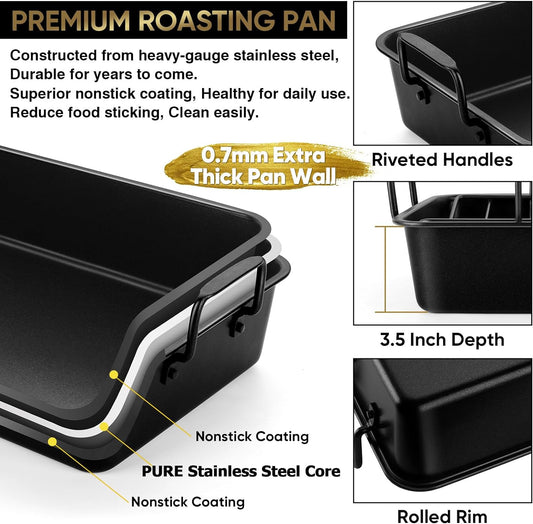 14-In Nonstick Turkey Roasting Pan with Rack Set, Joyfair Chicken Roaster Pan with Flat Rack & Removable V-Rack, Heavy Duty Rectangular Oven Bakeware with Non-Toxic Coating, Easy Releasing & Cleaning