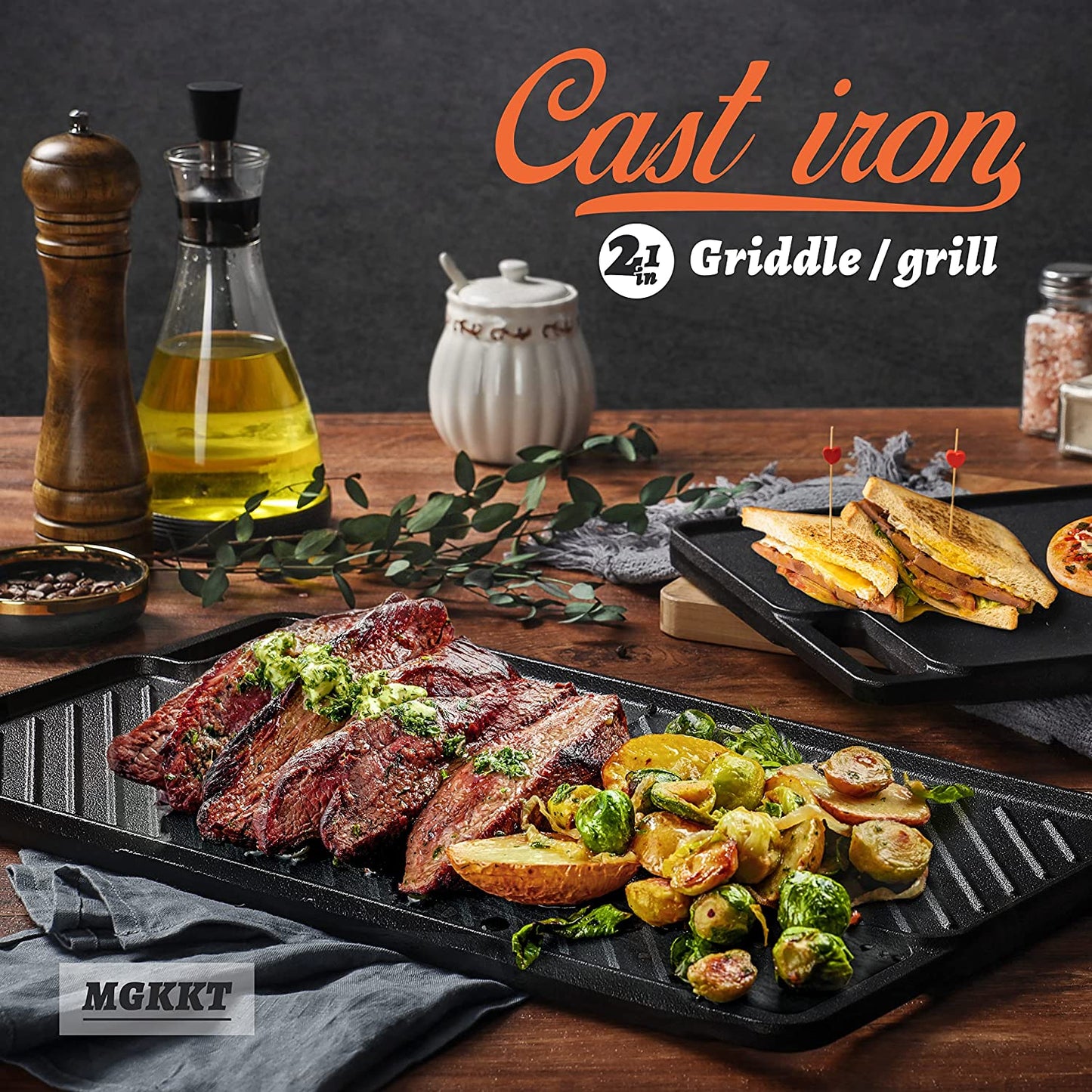 1-Piece 16.50 Inch Cast Iron Griddle Plate | Reversible Pre-Seasoned Cast Iron Grill Pan for Gas Stovetop | Double Sided Used on Open Fire & in Oven | Pre-Coated with Oil