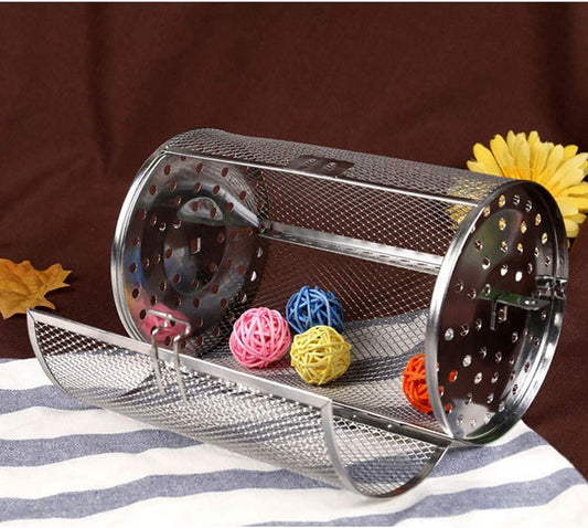 GEZICHTA BBQ Grill Roaster,Stainless Steel Grilled Cage,Bbq Rolling Grill Basket for Vegetables,Rotisserie Grill Peanut Beans French Fries Basket,Silver Grilling Accessories(22 * 11.7 Cm)