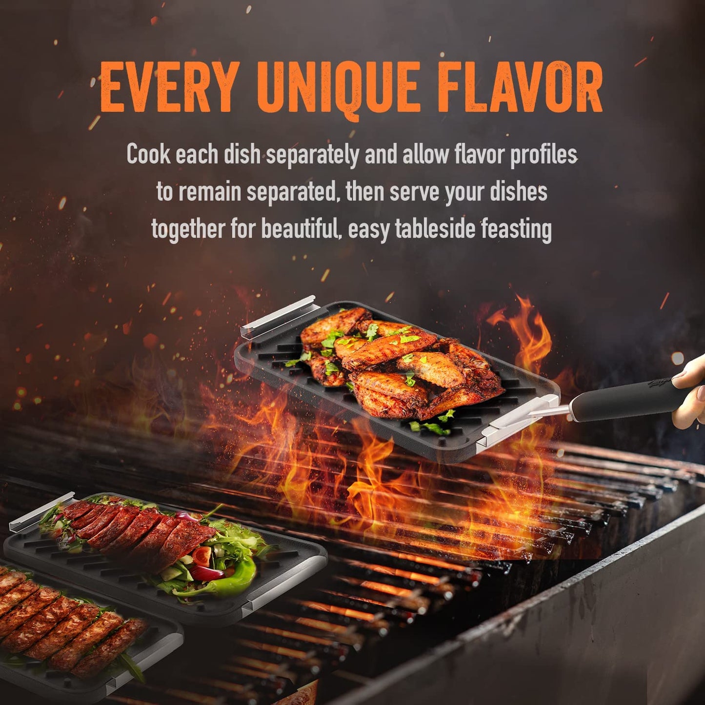 ™ SEAR 'N SERVE Cast Iron Grill Pan Set Includes 3 Cast Iron Grilling Baskets & Clip-On Handle - Cast Iron Grill Pans for Stove Tops or Outdoor Grills