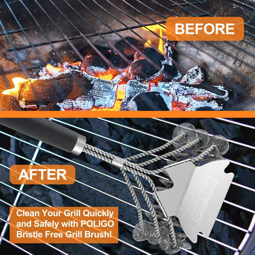 BBQ Grill Cleaning Brush Bristle Free & Scraper - Triple Helix Design Barbecue Cleaner - Non-Bristle Grill Brush and Scraper Safe for Gas Charcoal Porcelain Grills - Ideal Grill Tools Gift