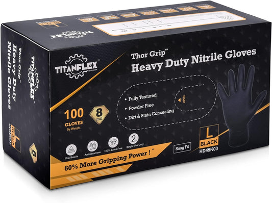 Thor Grip Heavy Duty Black Industrial Nitrile Gloves with Raised Diamond Texture, 8-Mil, Latex Free, 100-Ct Box