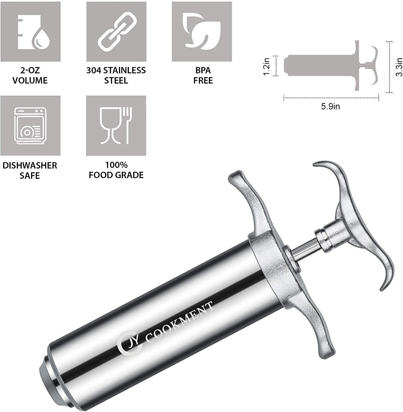 JY COOKMENT Meat Injector Syringe - Flavor Injector with 3 Stainless Steel Professional Needles;2Pcs Cleaning Brush for BBQ Grill Smoker 2-Oz Large Capacity Barrel