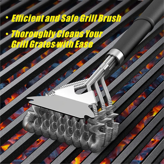 Grill Brush and Scraper, Bristle Free Safe Grill Brush for Outdoor Grill, Stainless Steel BBQ Brush for Grill Cleaning, BBQ Grill Accessories Gifts for Men, Hooks and 3D Universal Scraper Included