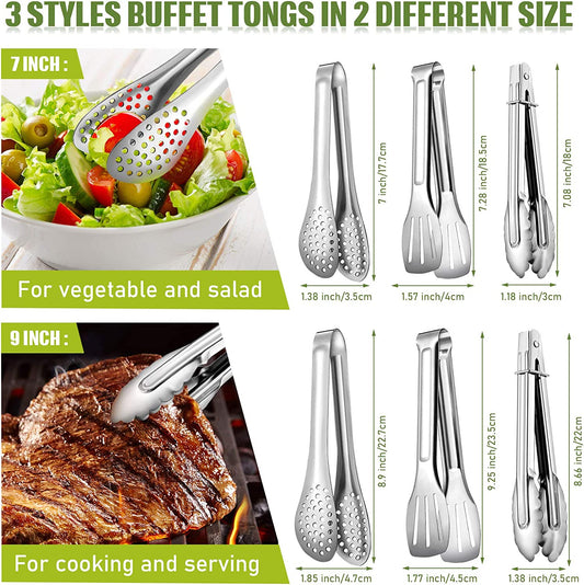 6 Pieces Buffet Tongs Set Stainless Steel Food Serving Tongs 3 Styles Rust-Resistant Locking Grill Food Tongs for Cooking, Grilling, Salad, Barbecue, Buffet, Kitchen (7 Inch, 9 Inch)